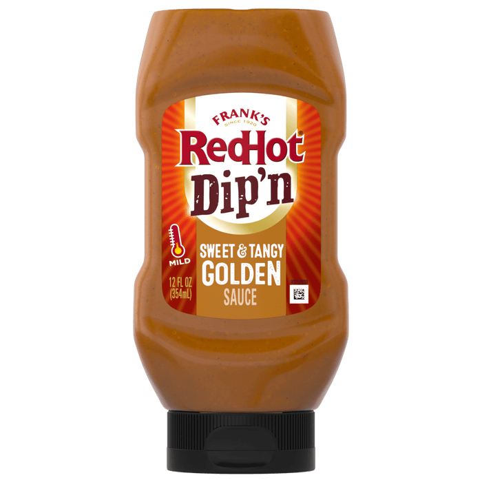["A bottle of Frank's RedHot Dip'n Sweet &amp; Tangy Golden Sauce."]