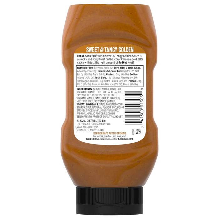 ["A bottle of Frank's RedHot Dip'n Sweet &amp; Tangy Golden Sauce with nutrition facts and ingredients listed on the label."]