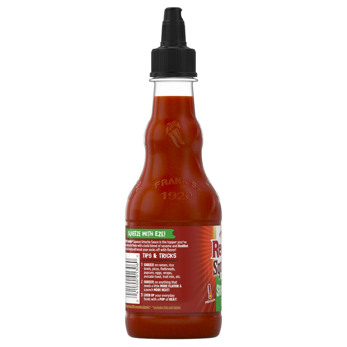 ["A bottle of Frank's RedHot Squeeze Sriracha Sauce is shown, highlighting its versatility with tips and tricks for adding flavor and heat to various foods."]
