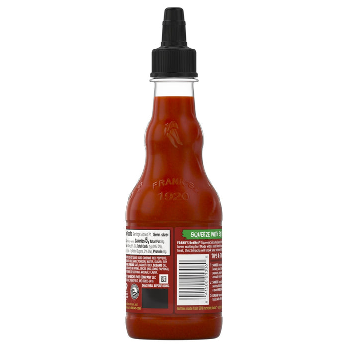 ["A bottle of Frank's RedHot Squeeze Sriracha Sauce is shown, highlighting its nutritional information, ingredients, and usage tips."]
