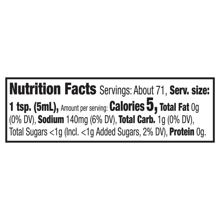 ['Nutrition facts label showing that one teaspoon (5mL) contains 5 calories, 0g of total fat, 140mg of sodium, 1g of total carbohydrates, less than 1g of total sugars, and 0g of protein.']