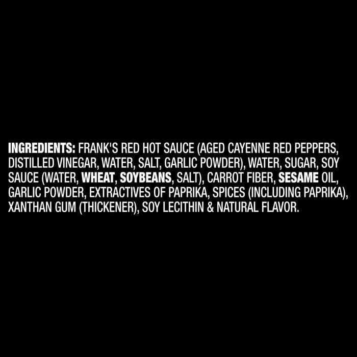 ["The image shows the ingredients list for Frank's Red Hot Sauce, including cayenne peppers, distilled vinegar, and sesame oil."]