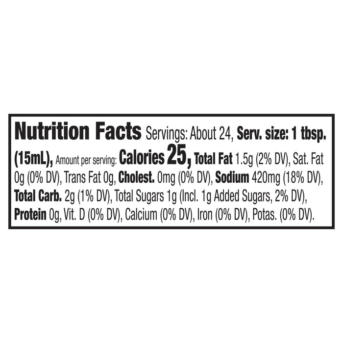 ['Nutrition facts label showing that one tablespoon serving contains 25 calories, 1.5g of total fat, and 420mg of sodium.']