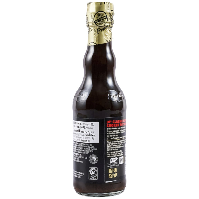 A bottle of French's Classic Worcestershire Sauce with a recipe for slow cooker pot roast on the label.