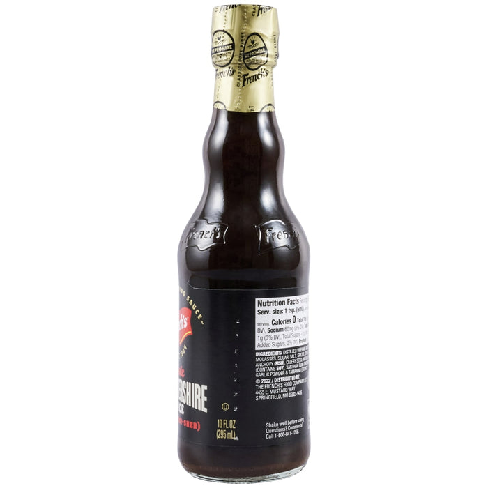 A bottle of French's Worcestershire Sauce shows the nutrition facts and ingredients on its label.