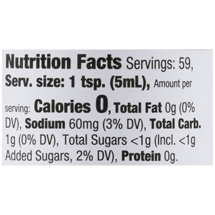 This is a nutrition facts label showing that one teaspoon serving contains 0 calories, 0g of total fat, 60mg of sodium, 1g of total carbohydrates, less than 1g of total sugars, and 0g of protein.