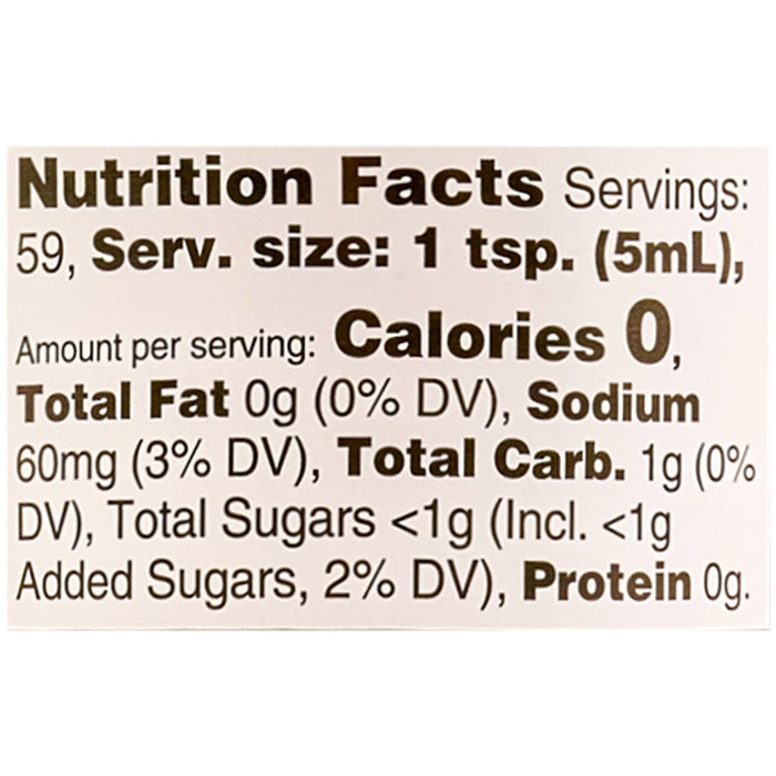 This is a nutrition facts label showing that one teaspoon serving contains 0 calories, 0g of total fat, 60mg of sodium, 1g of total carbohydrates, less than 1g of total sugars, and 0g of protein.