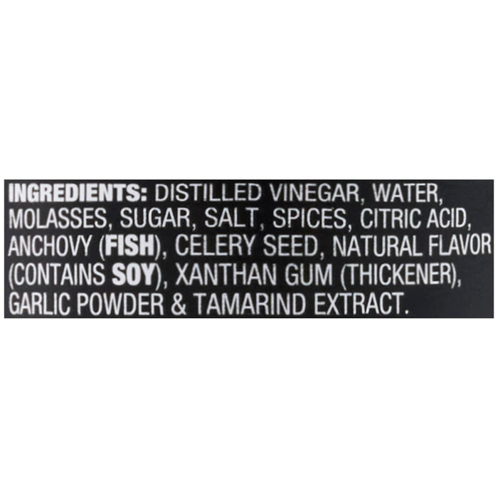 The ingredients list includes distilled vinegar, water, molasses, sugar, salt, spices, citric acid, anchovy (fish), celery seed, natural flavor (contains soy), xanthan gum (thickener), garlic powder, and tamarind extract.