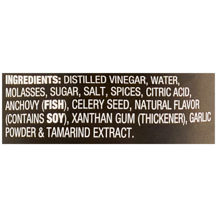 The ingredients list includes distilled vinegar, water, molasses, sugar, salt, spices, citric acid, anchovy (fish), celery seed, natural flavor (contains soy), xanthan gum (thickener), garlic powder, and tamarind extract.