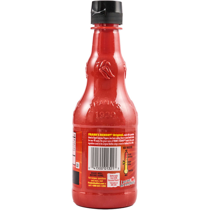 ["A bottle of Frank's RedHot Original hot sauce."]