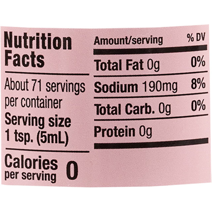 ['Nutrition facts label for a product with 0 calories per serving.']