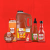 A collection of Frank's RedHot products, including a bottle of buffalo wing sauce, a jar of seasoning, and two bottles of hot sauce.