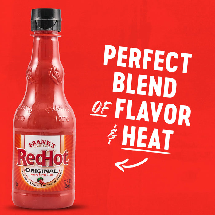 A bottle of Frank's RedHot Original Cayenne Pepper Sauce with the text 'A premium blend of aged cayenne peppers, it's the perfect blend of flavor &amp; heat.'