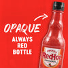 A bottle of Frank's RedHot Original Cayenne Pepper Sauce on a red background.