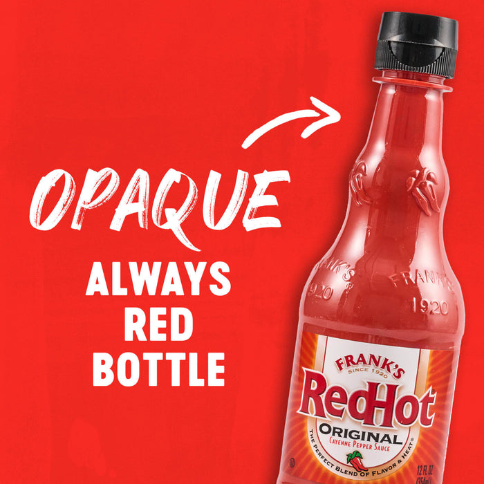 A bottle of Frank's RedHot Original Cayenne Pepper Sauce on a red background.