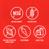 The image shows icons indicating that the product contains no MSG, is gluten-free, has no high fructose corn syrup, is vegetarian, and is dairy-free.