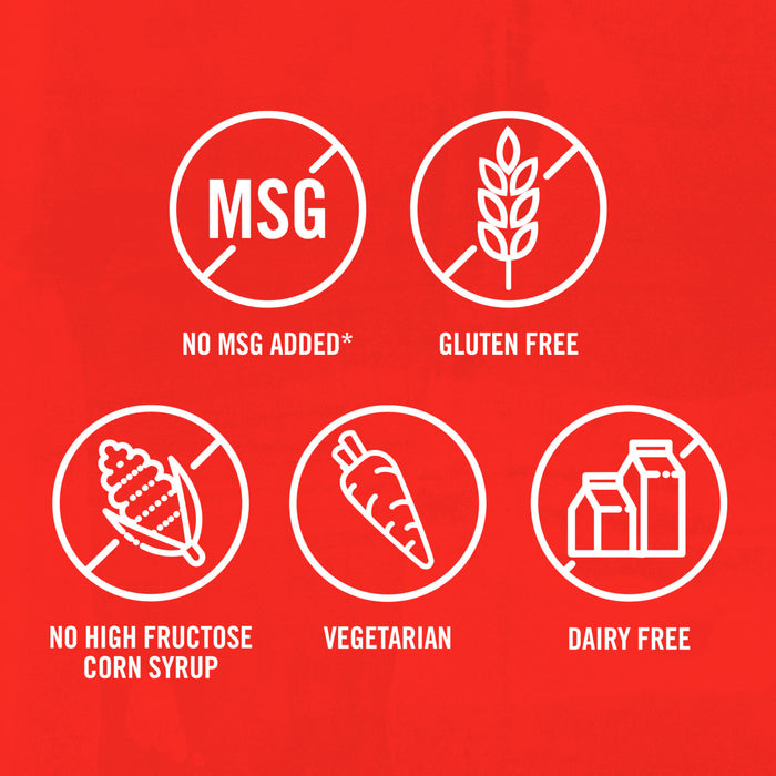 The image shows icons indicating that the product contains no MSG, is gluten-free, has no high fructose corn syrup, is vegetarian, and is dairy-free.
