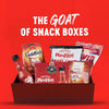 A snack box featuring Goldfish crackers and Frank's RedHot sauce products, marketed as the GOAT of snack boxes.