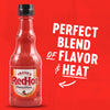 A bottle of Frank's RedHot Original sauce is shown against a red background, highlighting its perfect blend of flavor and heat.