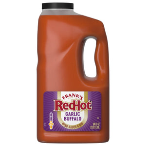 A large 64-ounce plastic jug of Franks Red Hot Garlic Buffalo Wing Hot Sauce Regular 64 Oz is shown against a plain white background.