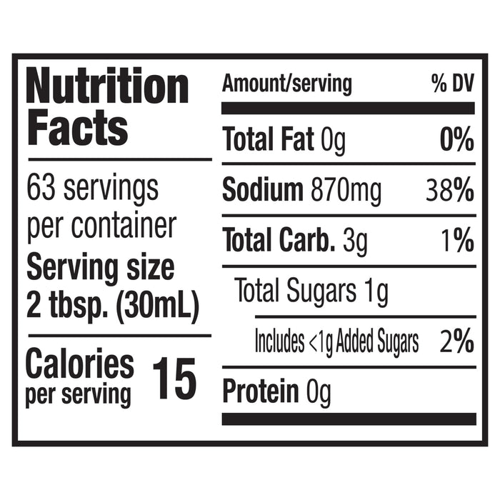 The nutrition facts label for Franks Red Hot Garlic Buffalo Wing Hot Sauce Regular 64 Oz, indicating that one serving contains 15 calories, 870mg of sodium, and 3g of total carbohydrates.