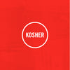 A graphic illustration featuring the word KOSHER inside a white circle against a textured red background for Franks Red Hot Mango Habanero Wing Hot Sauce Regular 64 Oz.