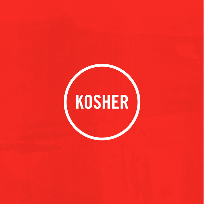 A graphic illustration featuring the word KOSHER inside a white circle against a textured red background for Franks Red Hot Mango Habanero Wing Hot Sauce Regular 64 Oz.