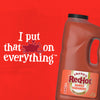 A promotional graphic features the slogan I put that on everything next to a large jug of Franks Red Hot Mango Habanero Wing Hot Sauce Regular 64 Oz against a vibrant red background.