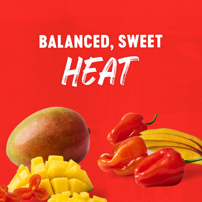 A vibrant graphic for Franks Red Hot Mango Habanero Wing Hot Sauce Regular 64 Oz featuring a whole mango and sliced pieces alongside fresh red habanero peppers against a bold red background with the text Balanced Sweet Heat.