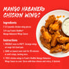 An infographic recipe for Mango Habanero Chicken Wings featuring the use of Franks Red Hot Mango Habanero Wing Hot Sauce Regular 64 Oz to coat crispy baked wings served with blue cheese dip.