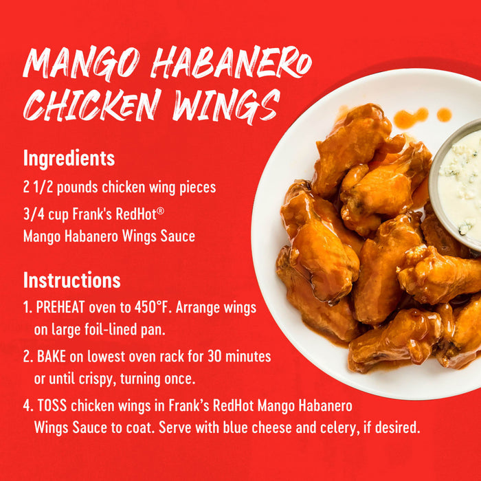 An infographic recipe for Mango Habanero Chicken Wings featuring the use of Franks Red Hot Mango Habanero Wing Hot Sauce Regular 64 Oz to coat crispy baked wings served with blue cheese dip.
