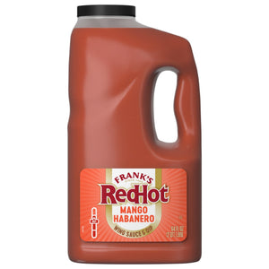 A large 64-ounce jug of Franks Red Hot Mango Habanero Wing Hot Sauce Regular 64 Oz is shown against a white background.