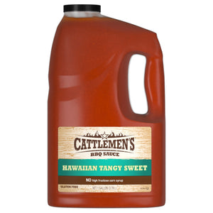 ["A gallon bottle of Cattlemen's Hawaiian Tangy Sweet BBQ Sauce."]