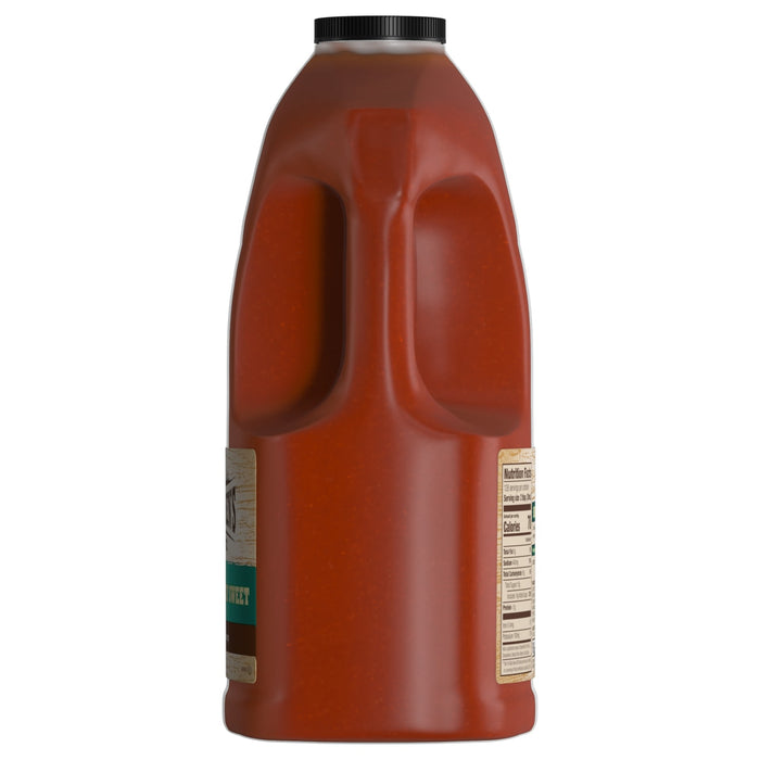 ['A plastic bottle of a brand of barbecue sauce.']