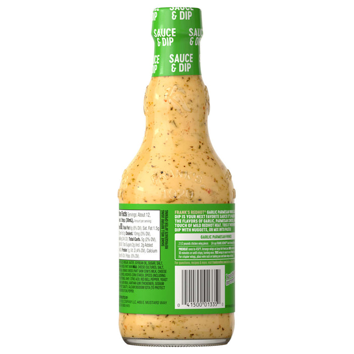 A bottle of Frank's RedHot Garlic Parmesan Wings sauce.