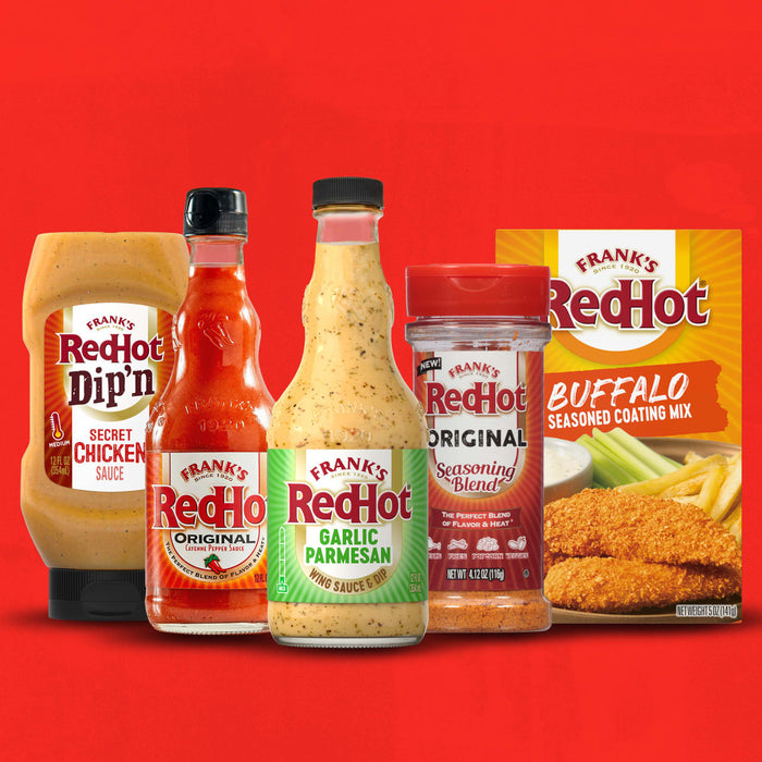A variety of Frank's RedHot sauces and seasonings are displayed against a red background.