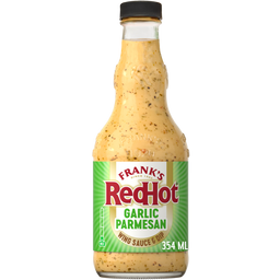 A bottle of Frank's RedHot Garlic Parmesan Wing Sauce.
