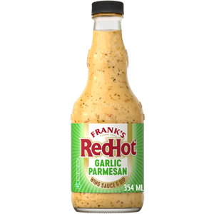 A bottle of Frank's RedHot Garlic Parmesan Wing Sauce.