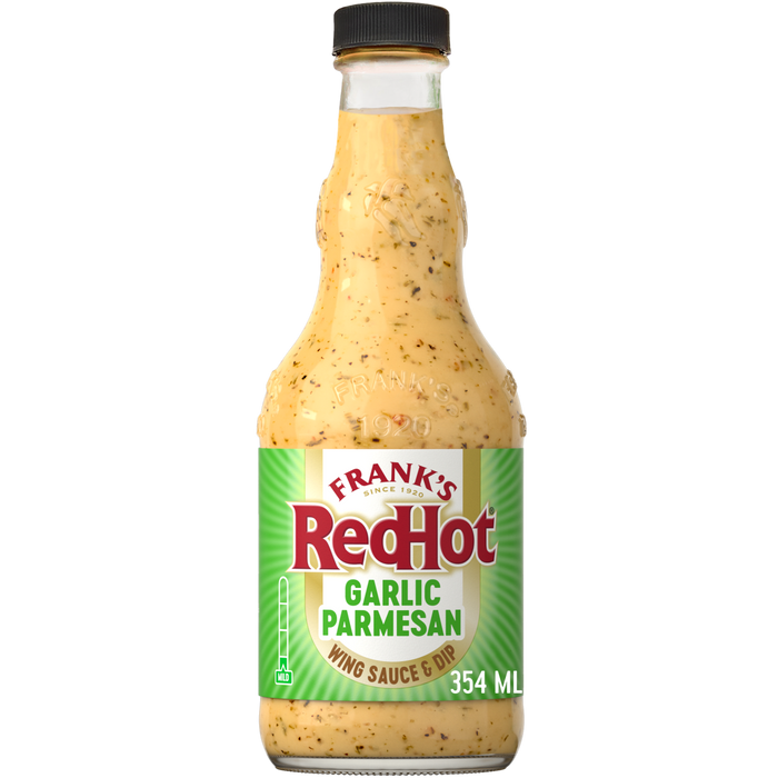 A bottle of Frank's RedHot Garlic Parmesan Wing Sauce.