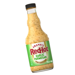 Bottle of Frank's RedHot Garlic Parmesan wing sauce on a white background