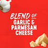 A blend of garlic and parmesan cheese is featured, suggesting a product flavor or ingredient combination.