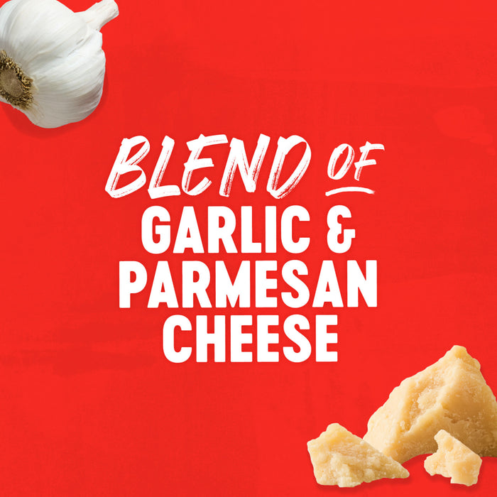 A blend of garlic and parmesan cheese is featured, suggesting a product flavor or ingredient combination.