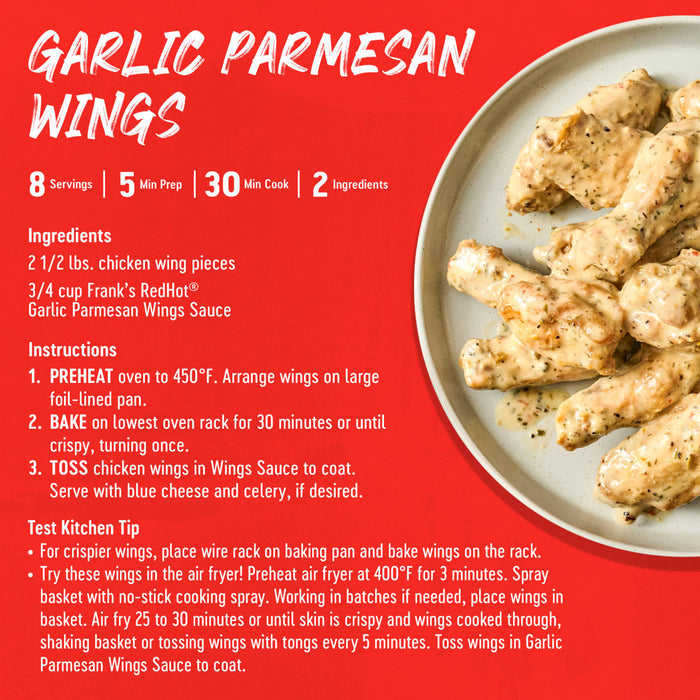 Garlic Parmesan Wings recipe featuring ingredients and instructions for preparation.