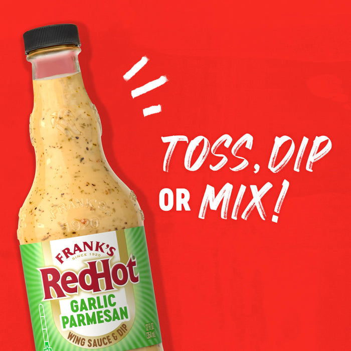 A bottle of Frank's RedHot Garlic Parmesan Wing Sauce is displayed with the text Toss, Dip or Mix!