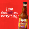 A bottle of Franks RedHot Wings General Tso sauce is displayed next to the phrase I put that on everything.