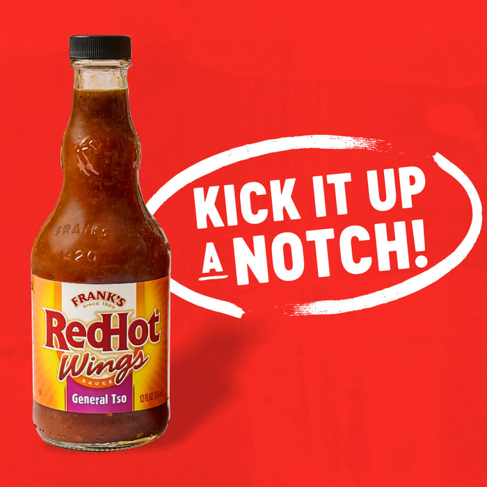 A bottle of Frank's RedHot Wings General Tso sauce is displayed against a red background with the text "Kick it up a notch!"