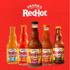 Five bottles of Franks RedHot Wings Sauce in different flavors are displayed against a red background.
