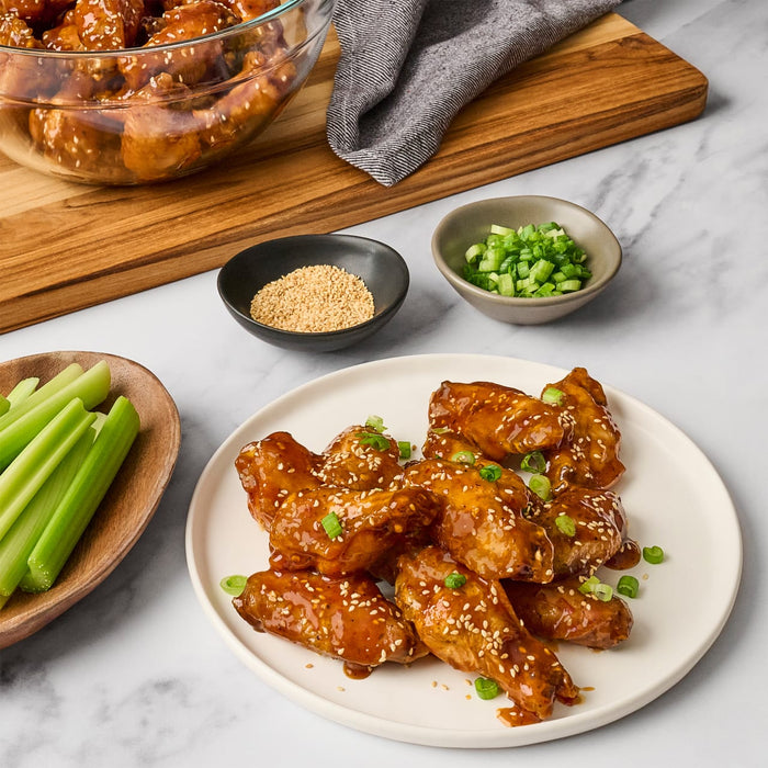 A plate of glazed chicken wings sprinkled with sesame seeds and green onions is displayed with celery sticks sesame seeds and green onions in bowls.