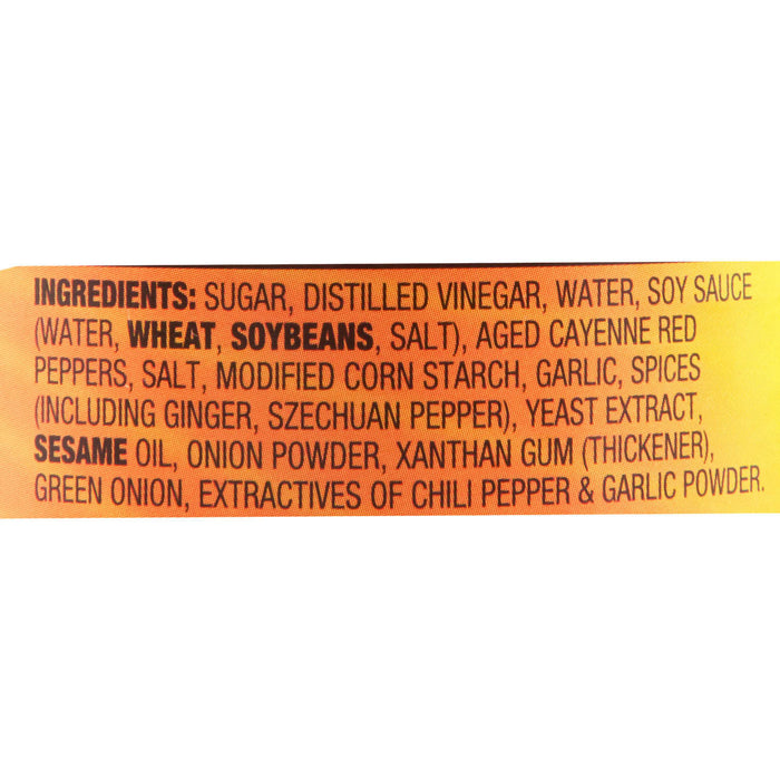A list of ingredients for a product containing soy sauce wheat soy beans garlic spices sesame oil and chili pepper.