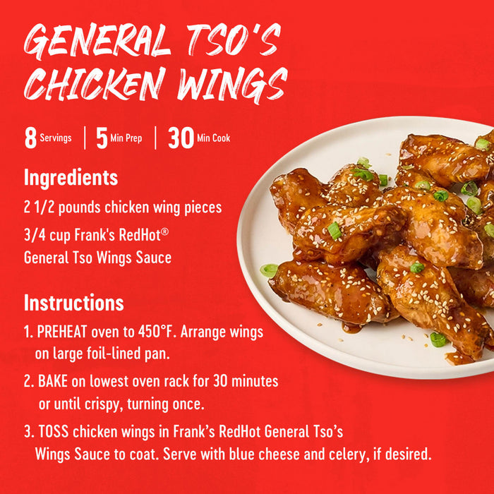 A plate of Franks RedHot General Tsos Chicken Wings recipe.